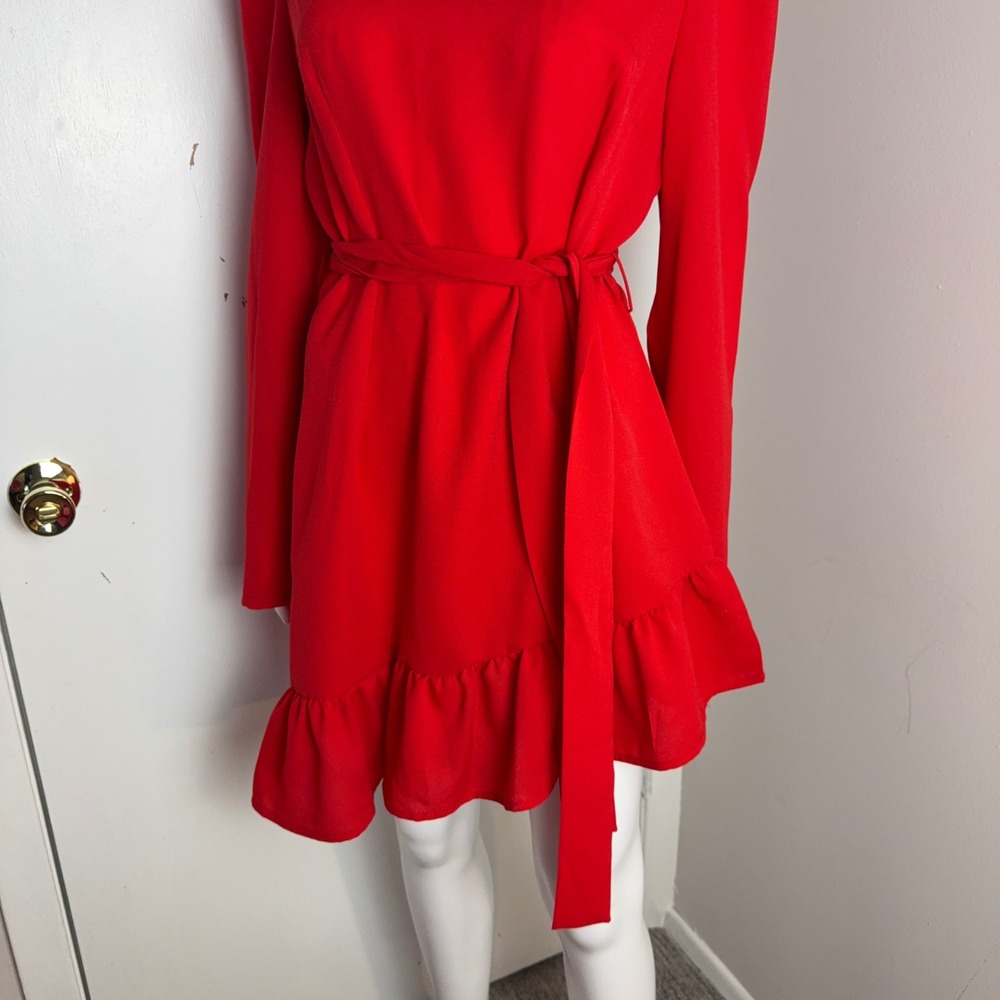 Red Mock Neck Long Sleeve Ruffle Hem Tie Waist Mini Dress Puff Shoulder Size M‎ - Picture 5 of 14